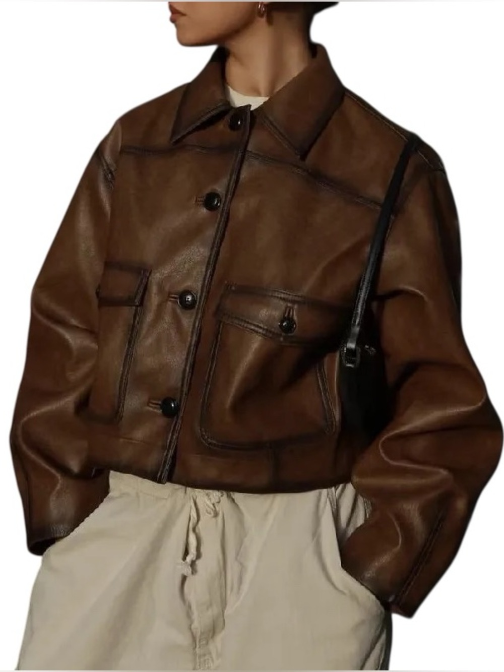 Cropped Brown Faux Leather Button Jacket
